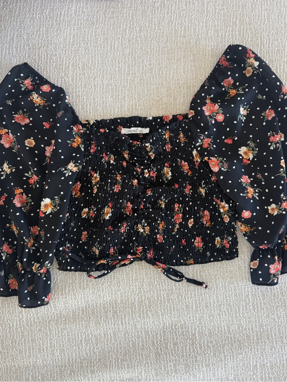 Ing Black Floral Smocked Crop Top with Puff Sleeves